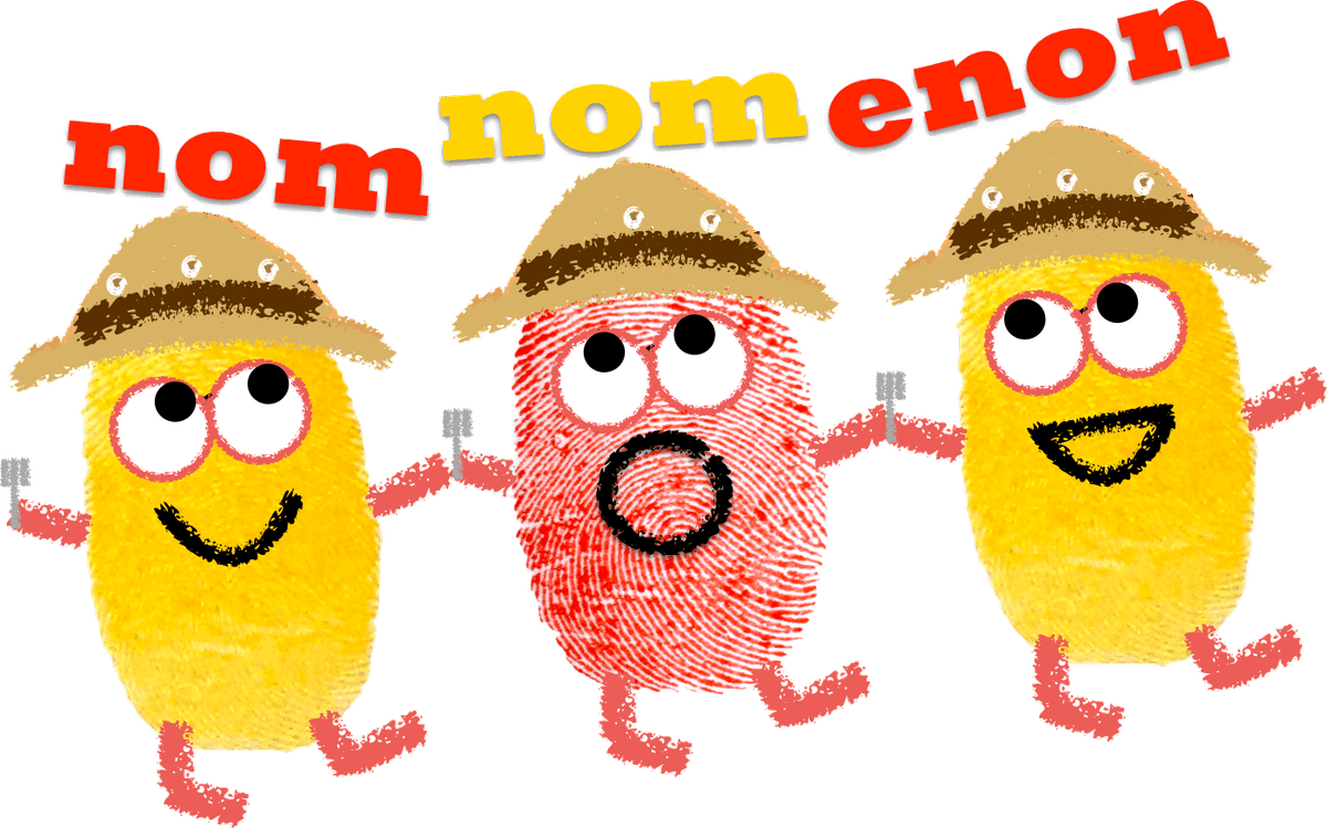 The three NomNomenon mascots: fingerprint explorers in safari hats, trowels in hand