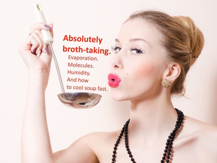 Cheeky woman blowing a ladle of hot soup to cool it down by evaporation