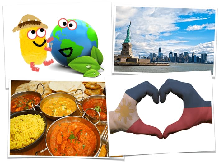 Montage of nomnomenon and a globe, new york city, curries and philippines on hands forming a heart