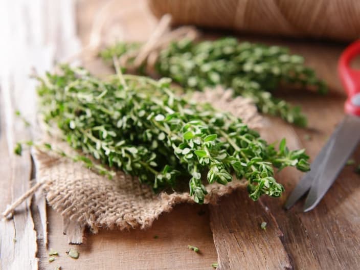 A pair of scissors and thyme on table close-up