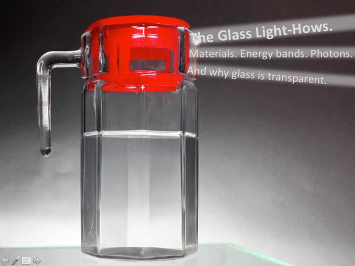 Glass pitcher with light rays of words radiating outwards like a light house