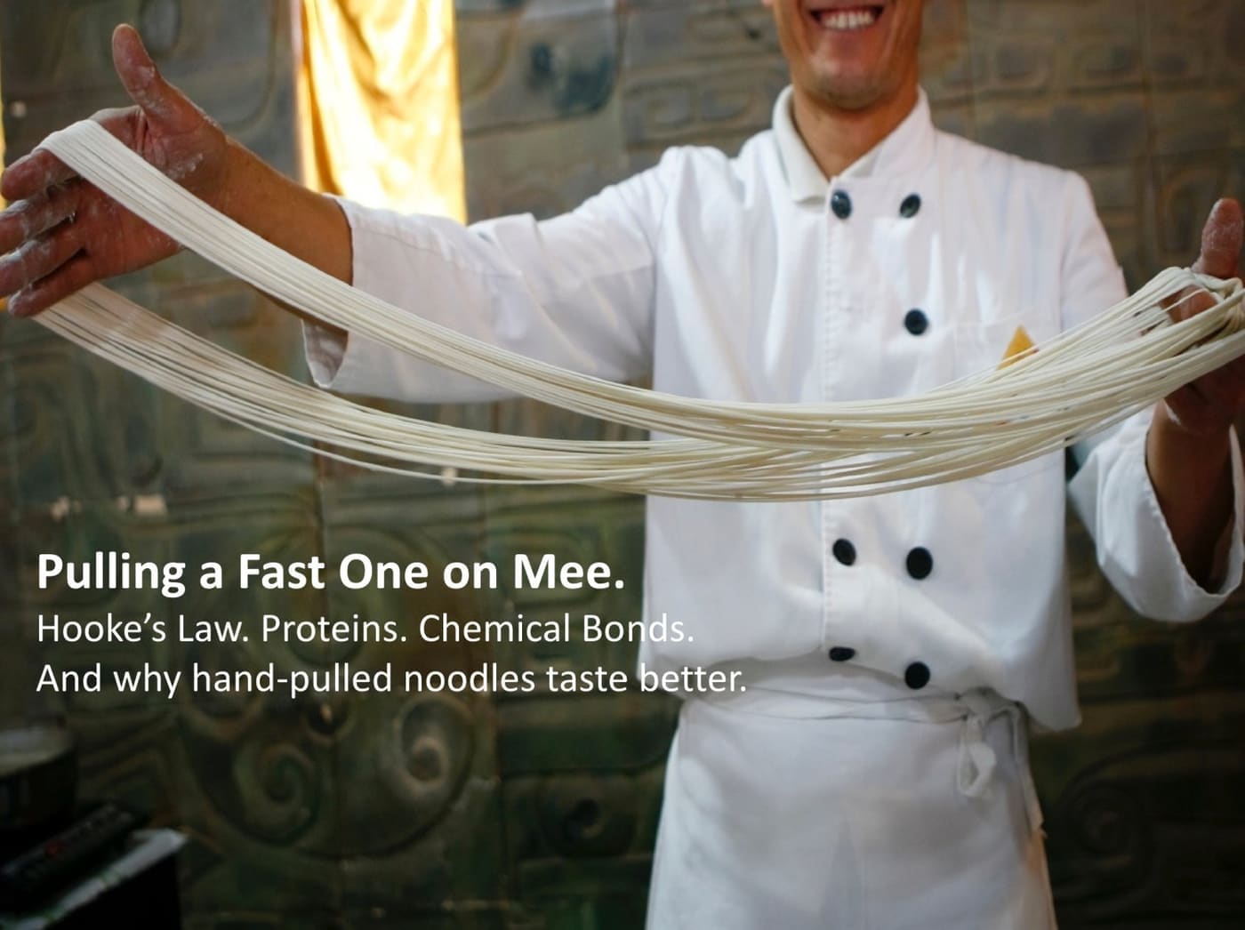 How Noodles are Made and Pulled Using the Cross-links Created by Proteins and According to Hooke's Law