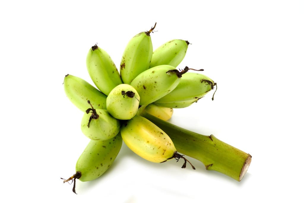 bunch of green and yellow bananas on white background