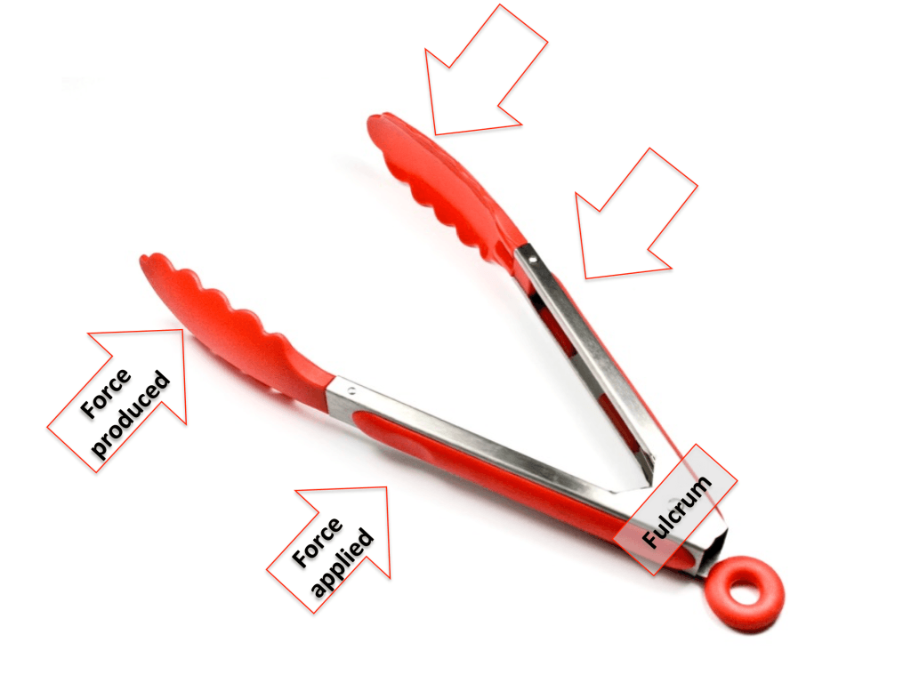 Tongs with the fulcrum and forces labeled