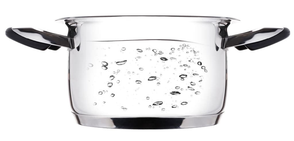 Steel saucepan boiling. Isolated on white background.