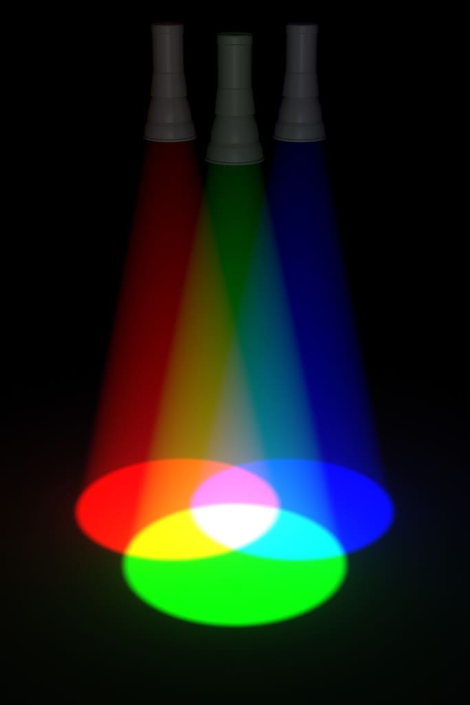 Red, green, blue spot lights mixing shows additive colors model