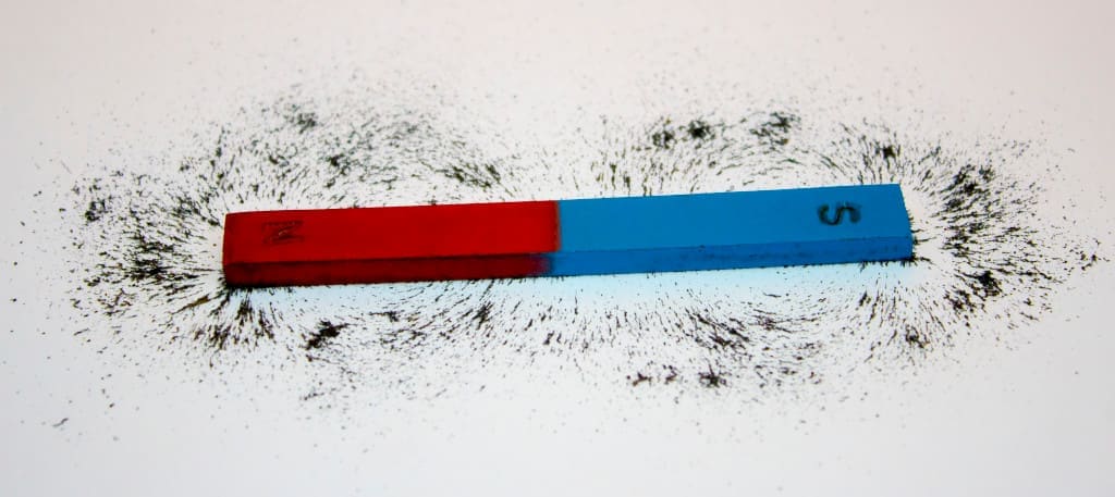 induction stoves rely on ferromagnetism: Bar magnet. Iron filings show magnetic field lines.