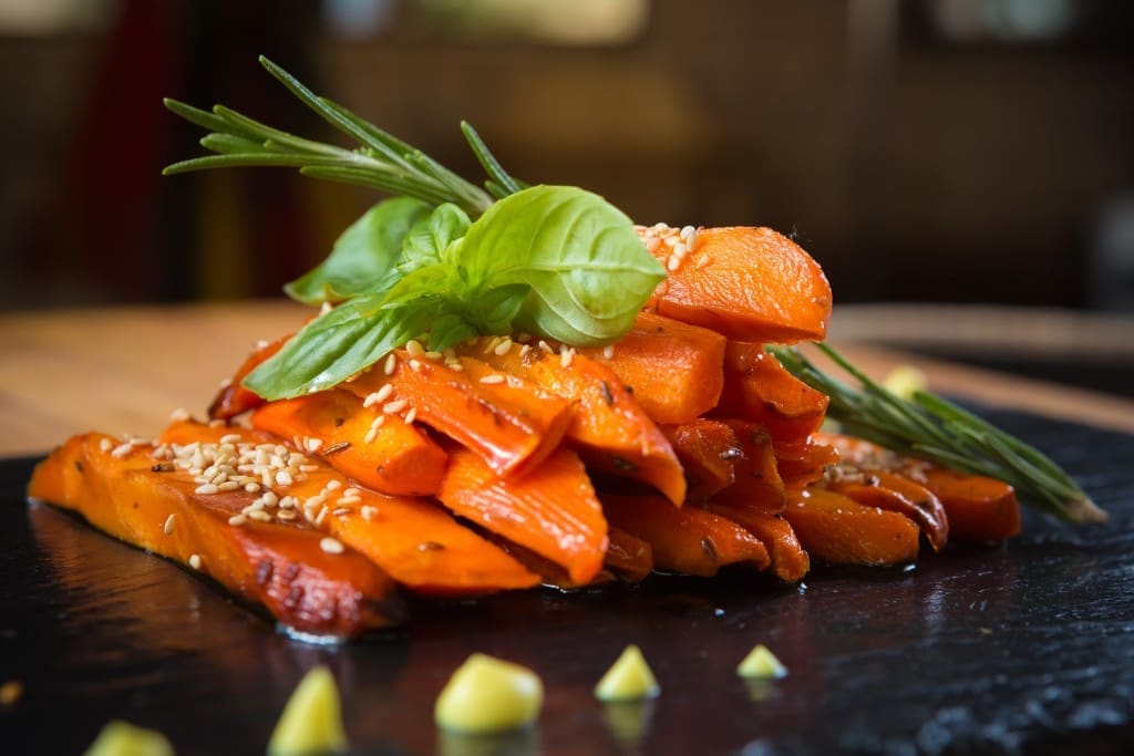 Caramelized carrots on black table. Shallow DOF
