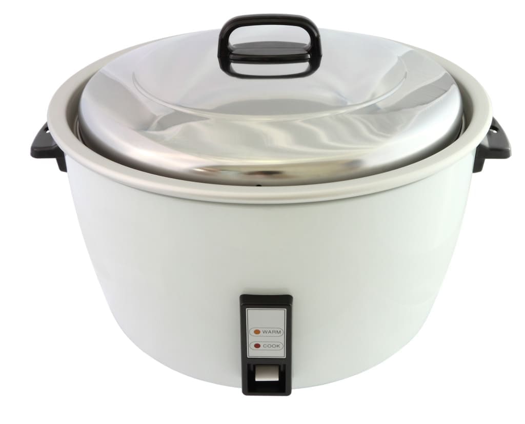 Electric rice cooker on white background.