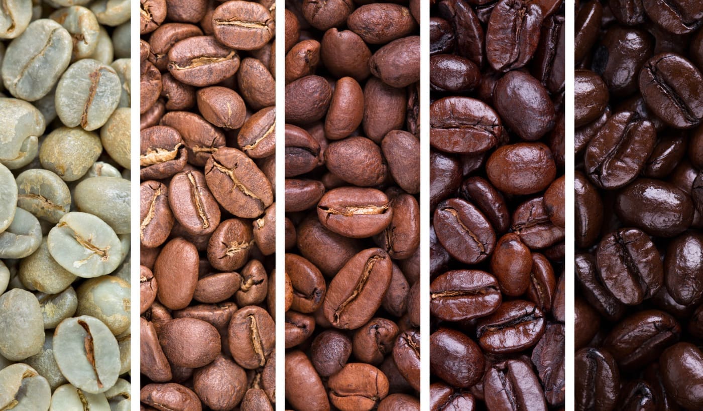 Roasting coffee - A collage of coffee beans showing various stages of roasting from raw through to Italian roast