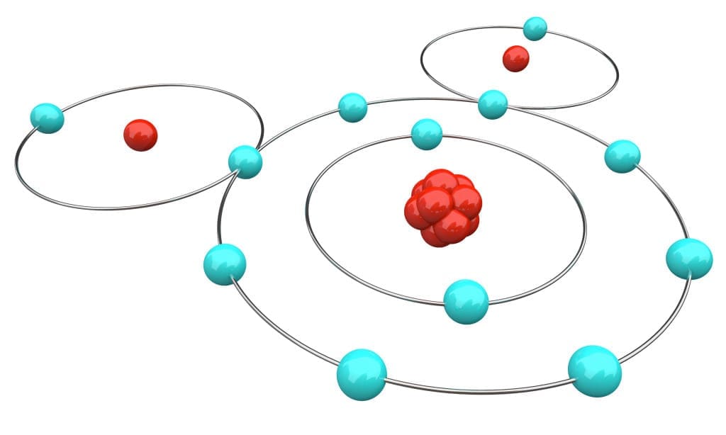 An atomic diagram of water, or H20, showing its protons, neutrons and electrons including the hydrogen and oxygen atoms
