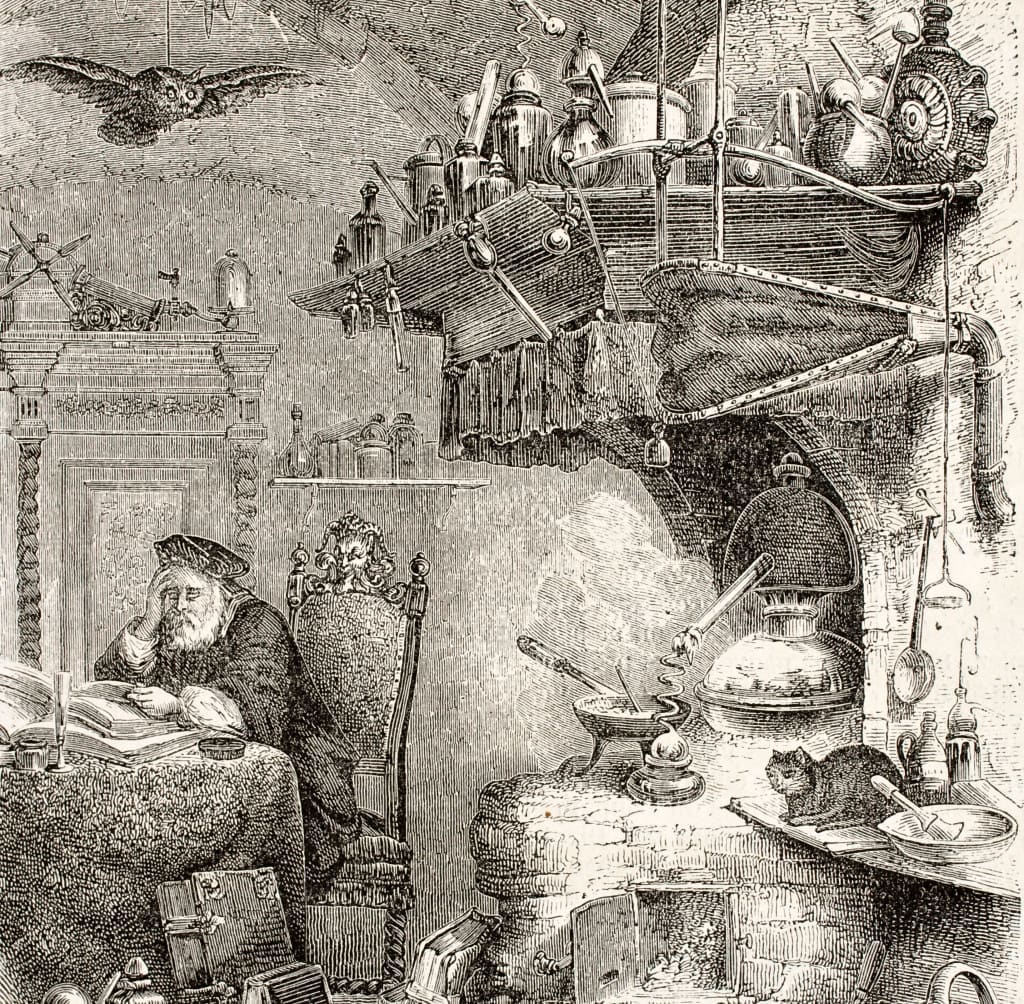 Water bath and Alchemist laboratory old illustration. By unidentified author, published on L'Illustration, Journal Universel, Paris, 1858