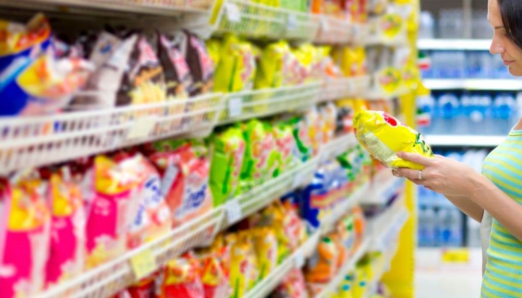 Bags of potato chips in the supermarket aisles
