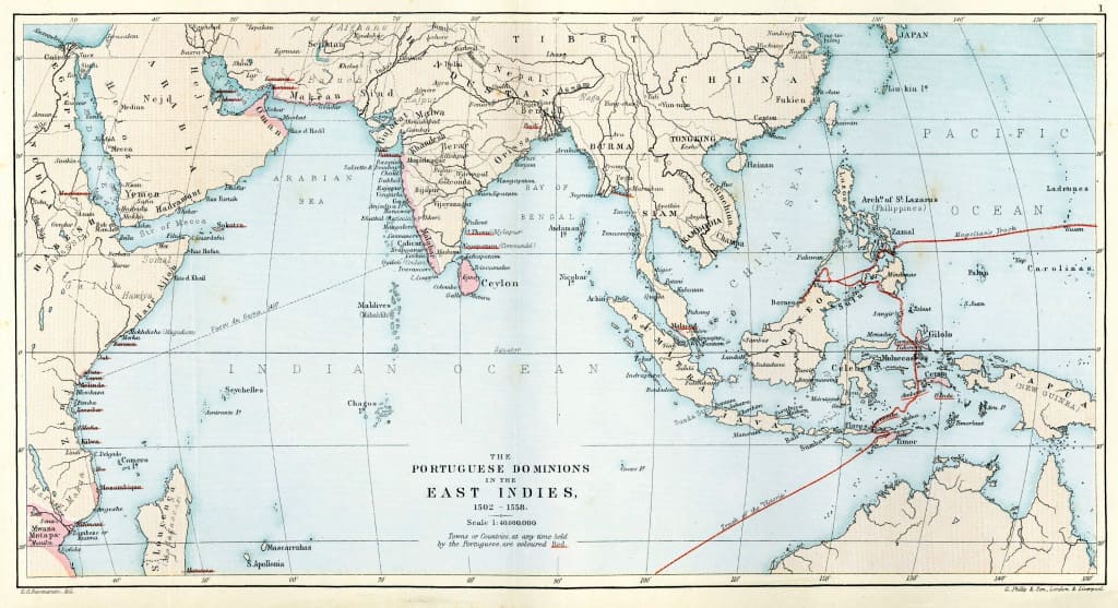 Antique map of the Portuguese Empire in the East Indies - 1502 to 1558.