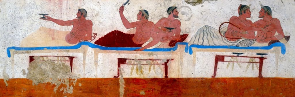 Collage ancient Greek Fresco in Paestum, Italy, called the "Tomb of the Diver" depicting men during a banquet.