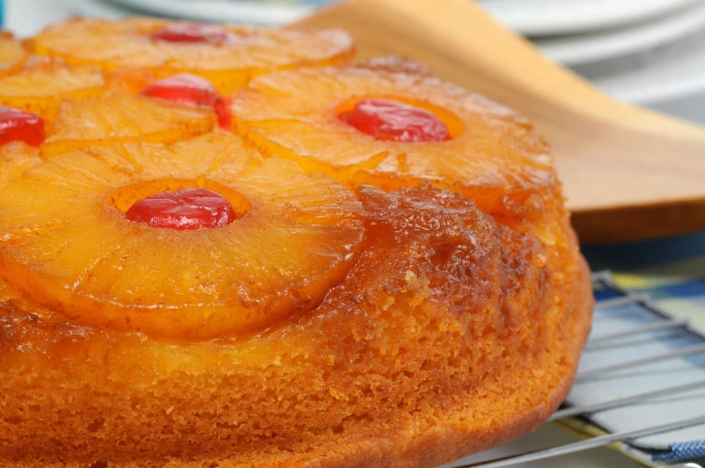 cooking destroys bromelain's proteases - Delicious homemade pineapple upside down cake with cherries.