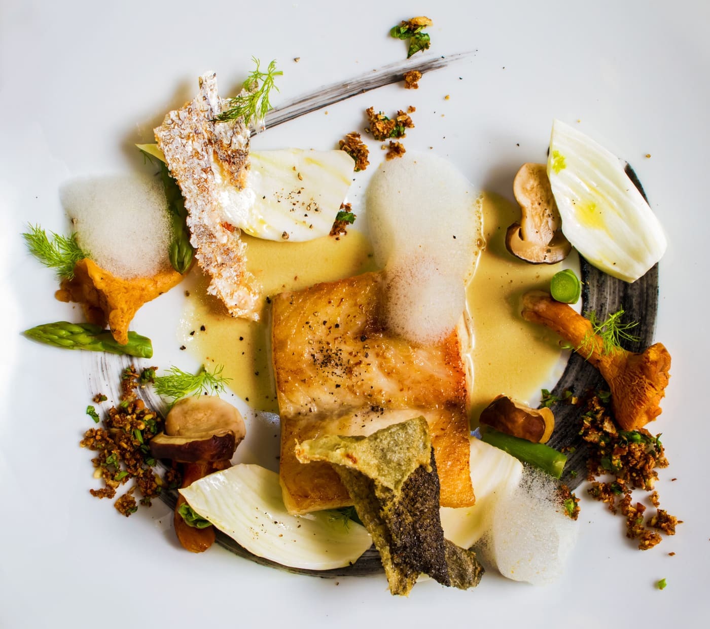 Modern plating of sea bass with asorted mushrooms, asparagus, nuts and dill, on a white plate