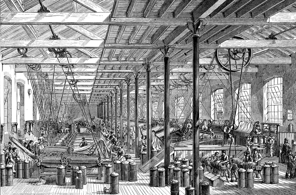 Vintage engraving from 1878 of the spinning room in Shadwell rope works