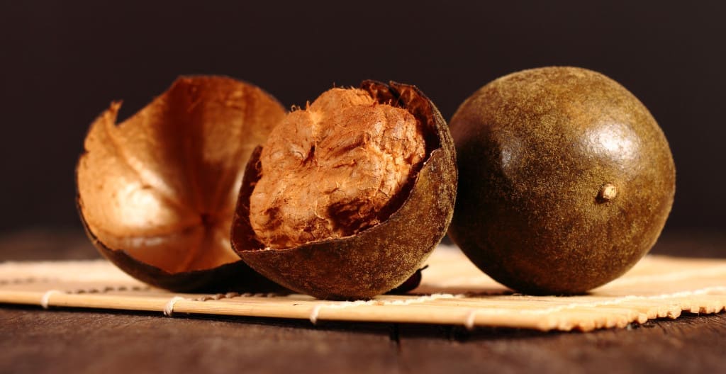 monk fruit - Luo Han Guo with bamboo mat on the wooden table