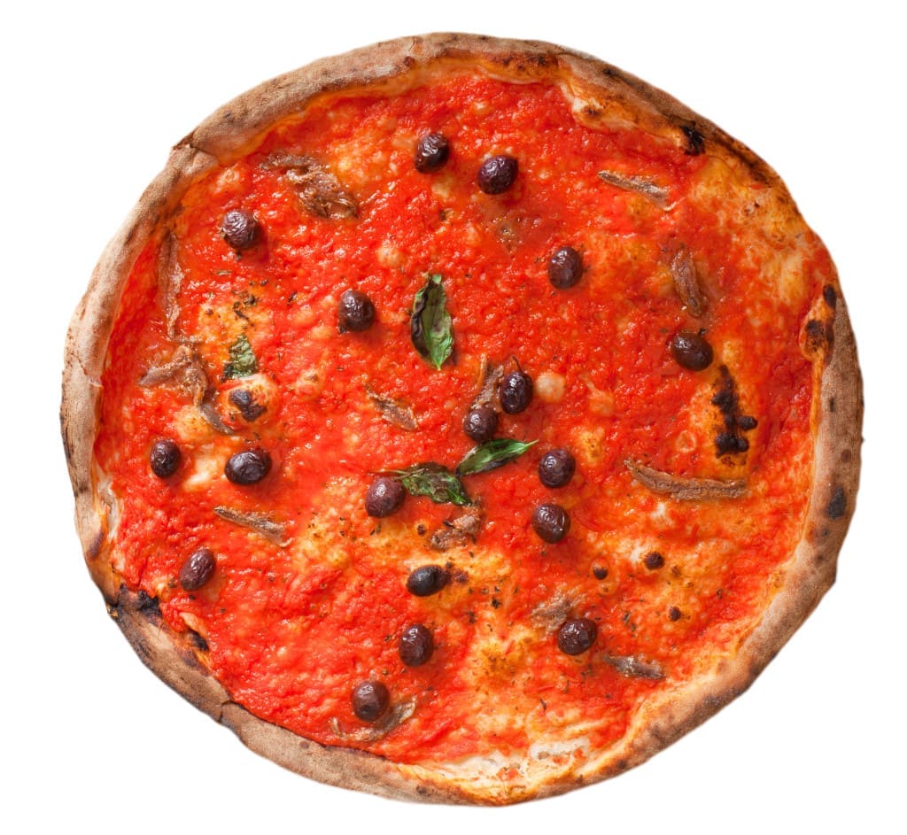 Anchovies give a umami boost to foods such as pizza - Pizza Marinara with anchovies and olives isolated on white 