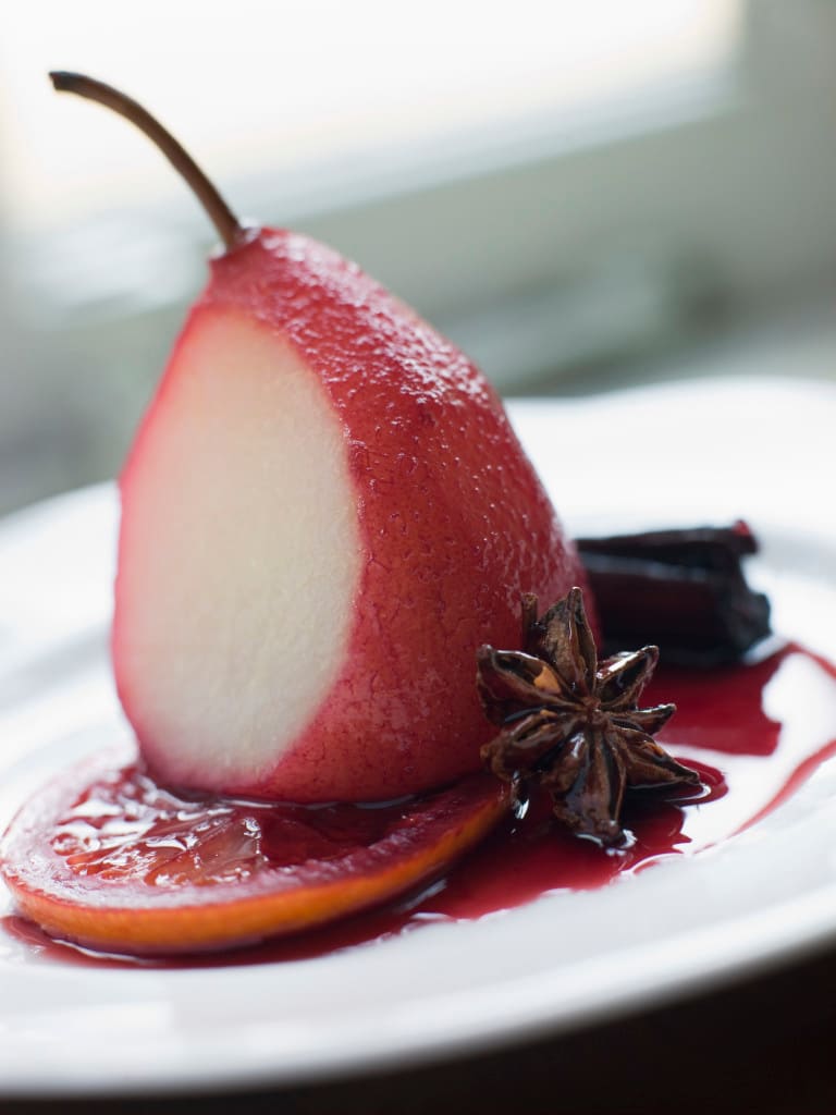 cooking with alcohol - pear poached with wine - Pear Poached in Rioja Orange and Spices