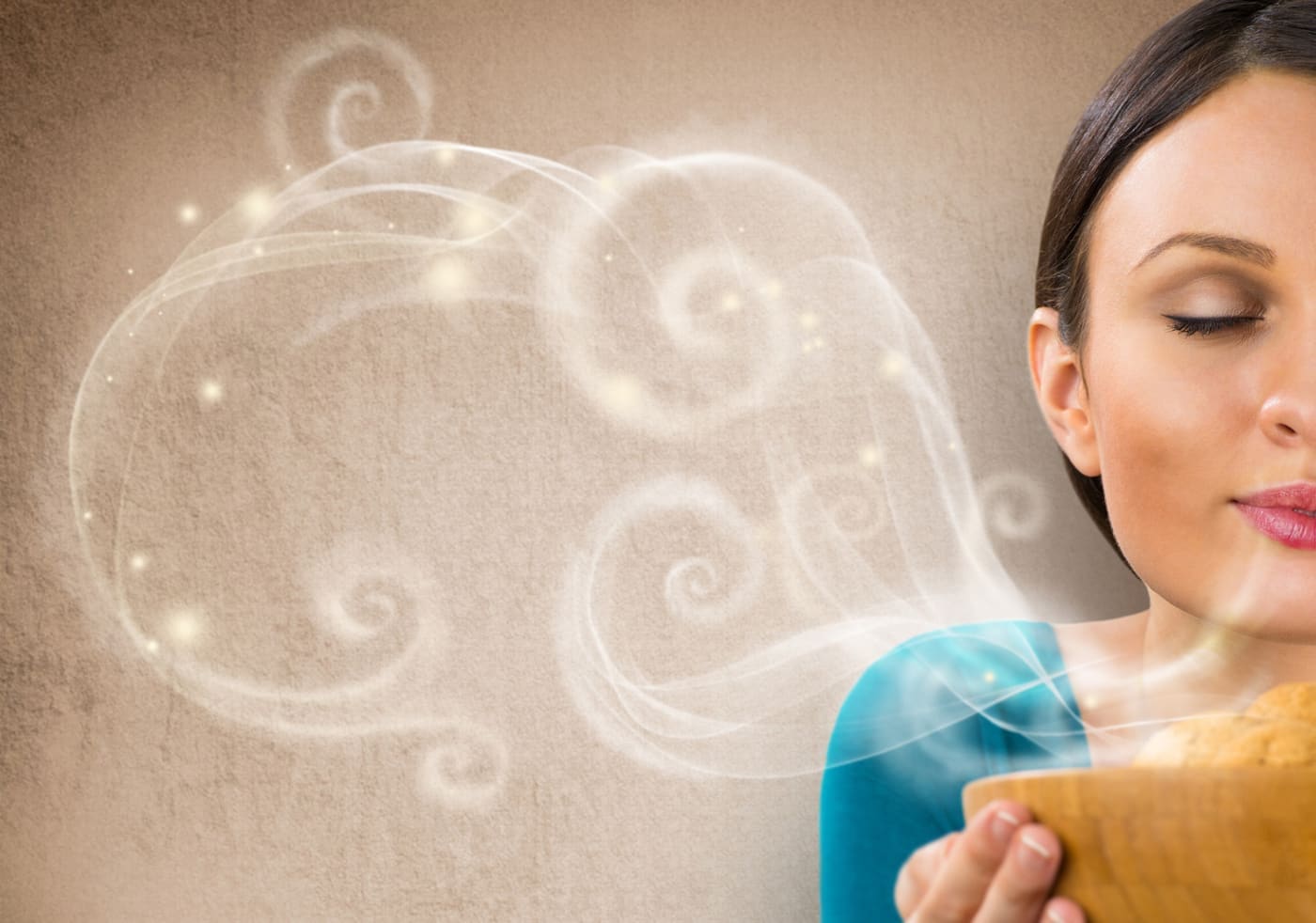 Beautiful woman holding hot fresh smelling oat cookies with closed eyes and relaxing. Retro stylized enjoying food poster with place for your text on grunge background